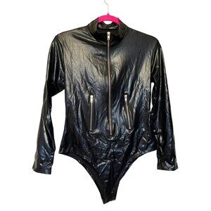 Black Long-Sleeve Bodysuit With 3/4 Zipper Detail Size L 95% Polyester